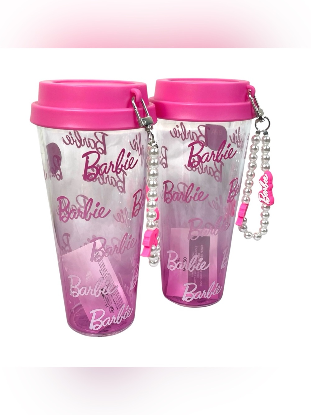 Barbie Clear Travel Cups with Hot Pink Lid & Bead Charm